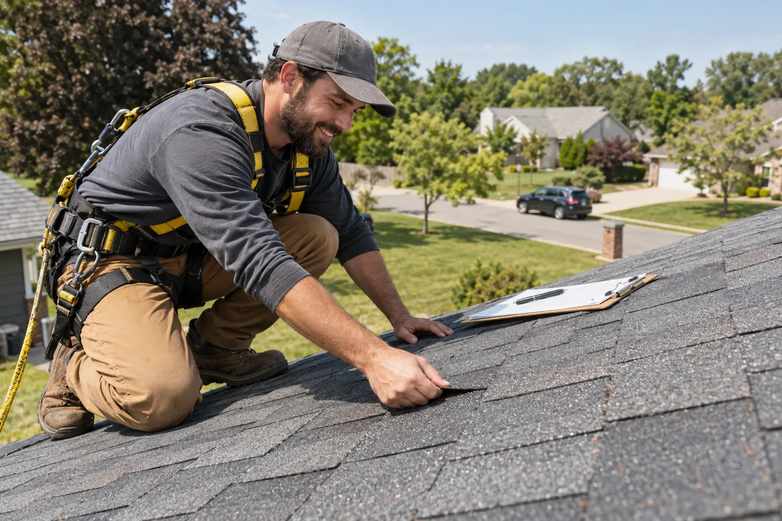 A roofing provider inspecting shingles on a home in the Arlington Heights area