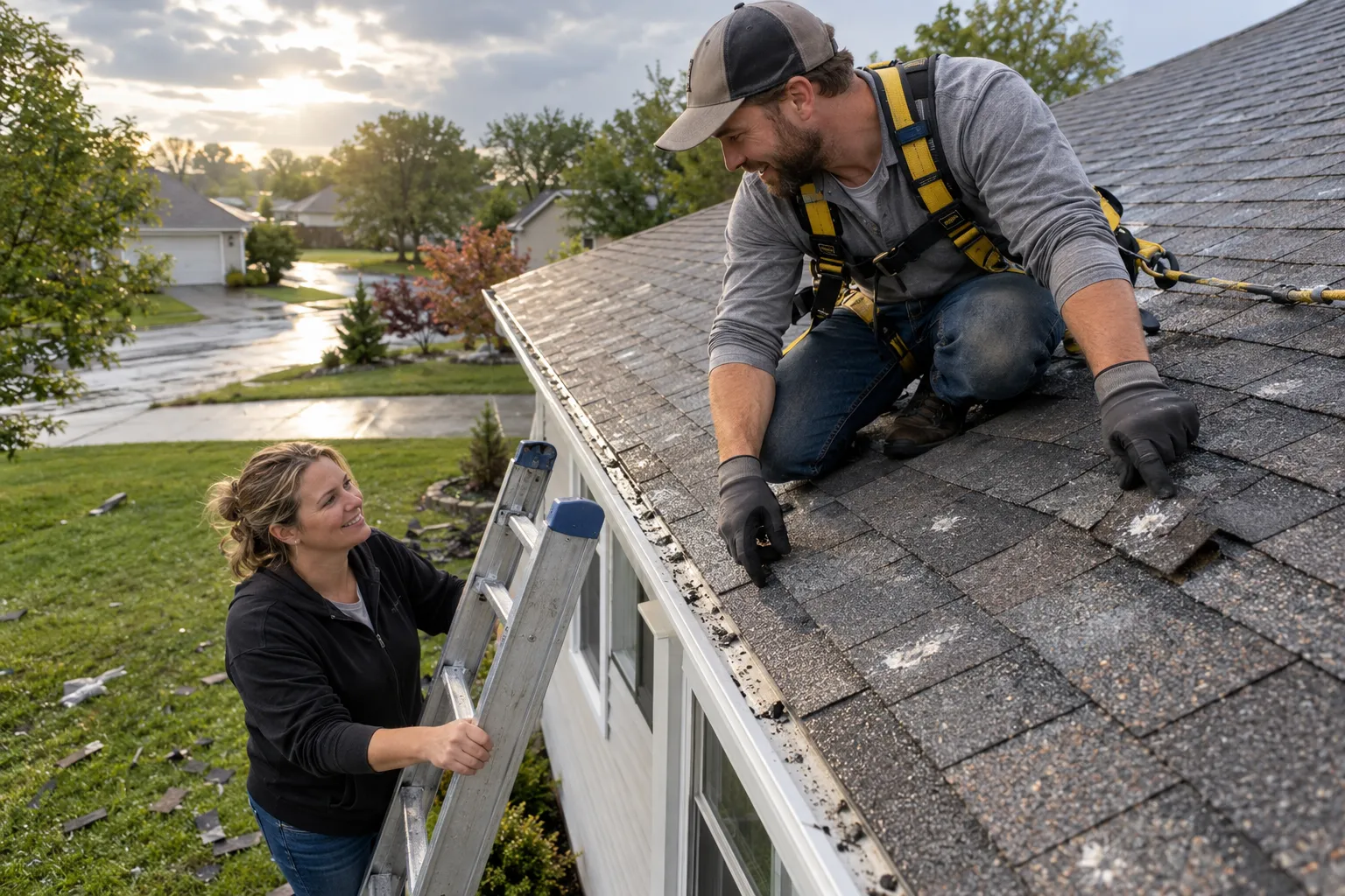 Homeowner and a roofing provider looking at hail-damaged shingles on a house in Arlington Heights